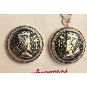 Egyptian Pharaoh Pyramid Damascene Clip On Earrings Toledo Spain Vintage NOS
